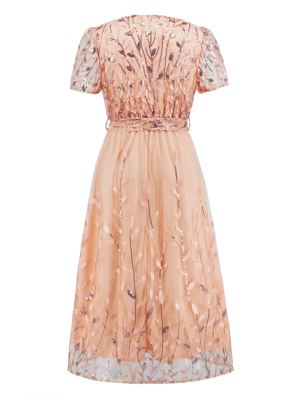Sequin Leaf Embroidery Tie Front Short Sleeve Dress – Trendsi | ClozArt