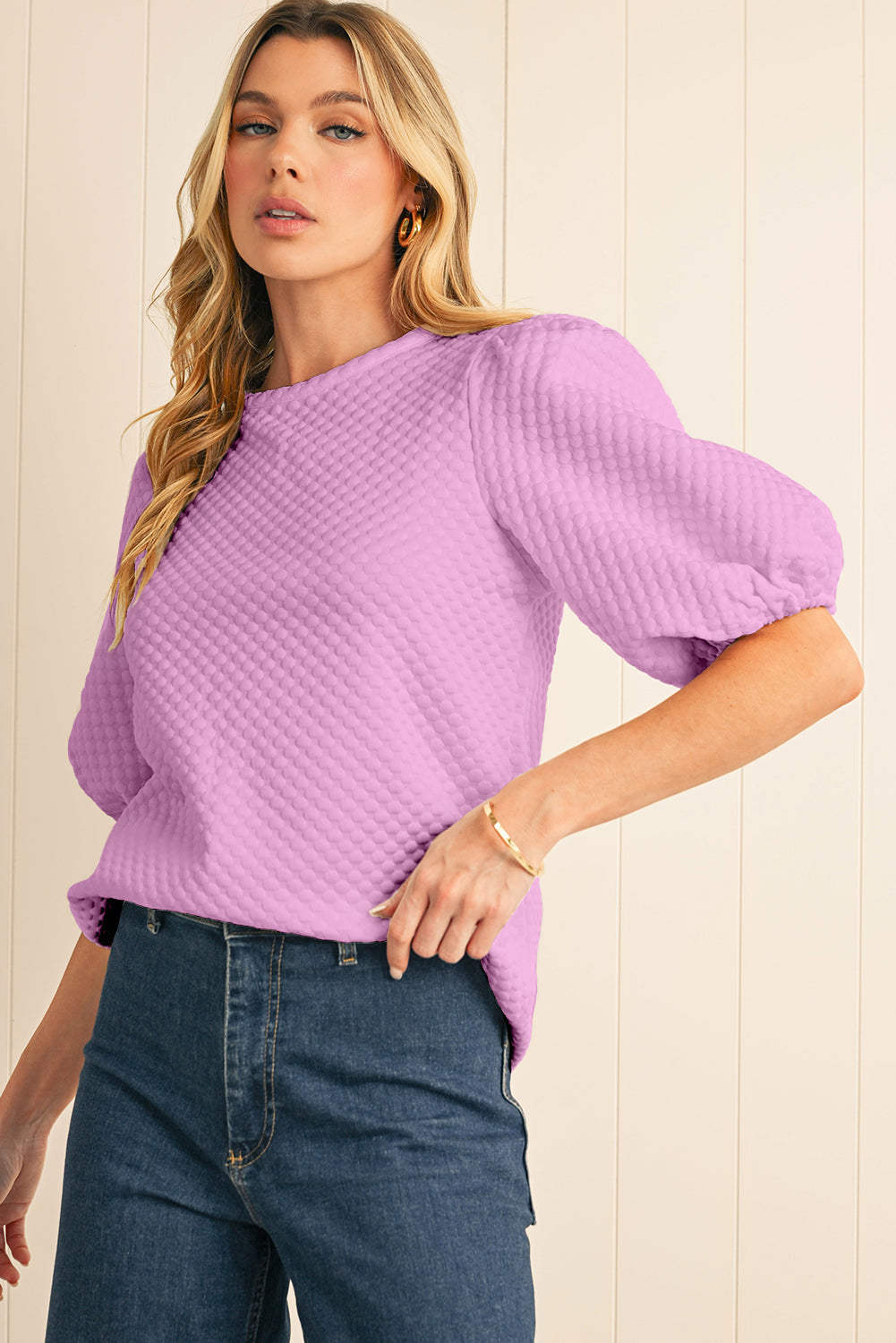 White Solid Textured O Neck Puff Sleeve Blouse – Shewin | ClozArt