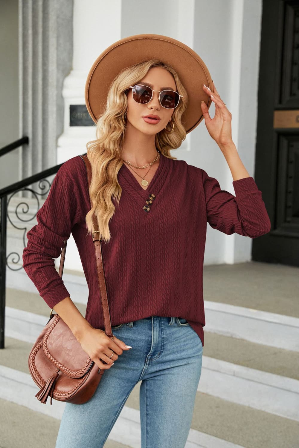 Decorative Button V-Neck Long Sleeve T-Shirt – Trendsi | ClozArt