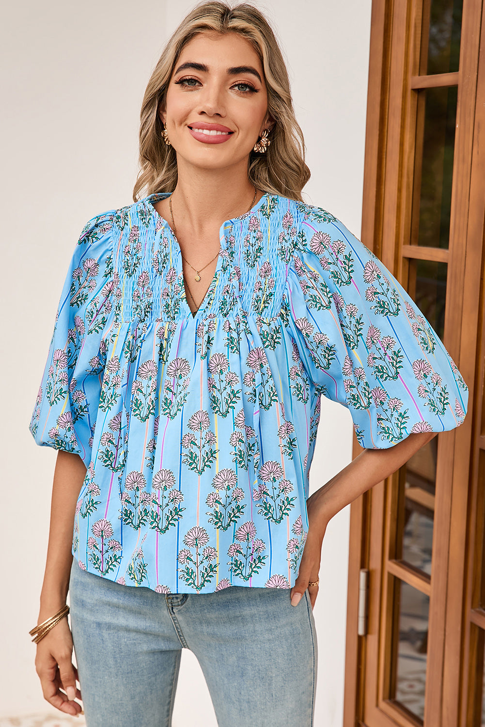 Sky Blue Floral Striped Smocked V Neck Blouse – Shewin | ClozArt