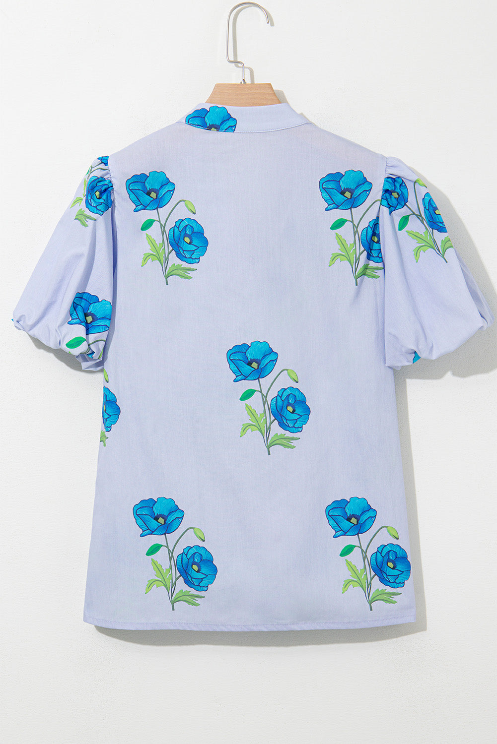 Sky Blue Floral Print Tie V-Neck Short Sleeve Blouse – Shewin | ClozArt