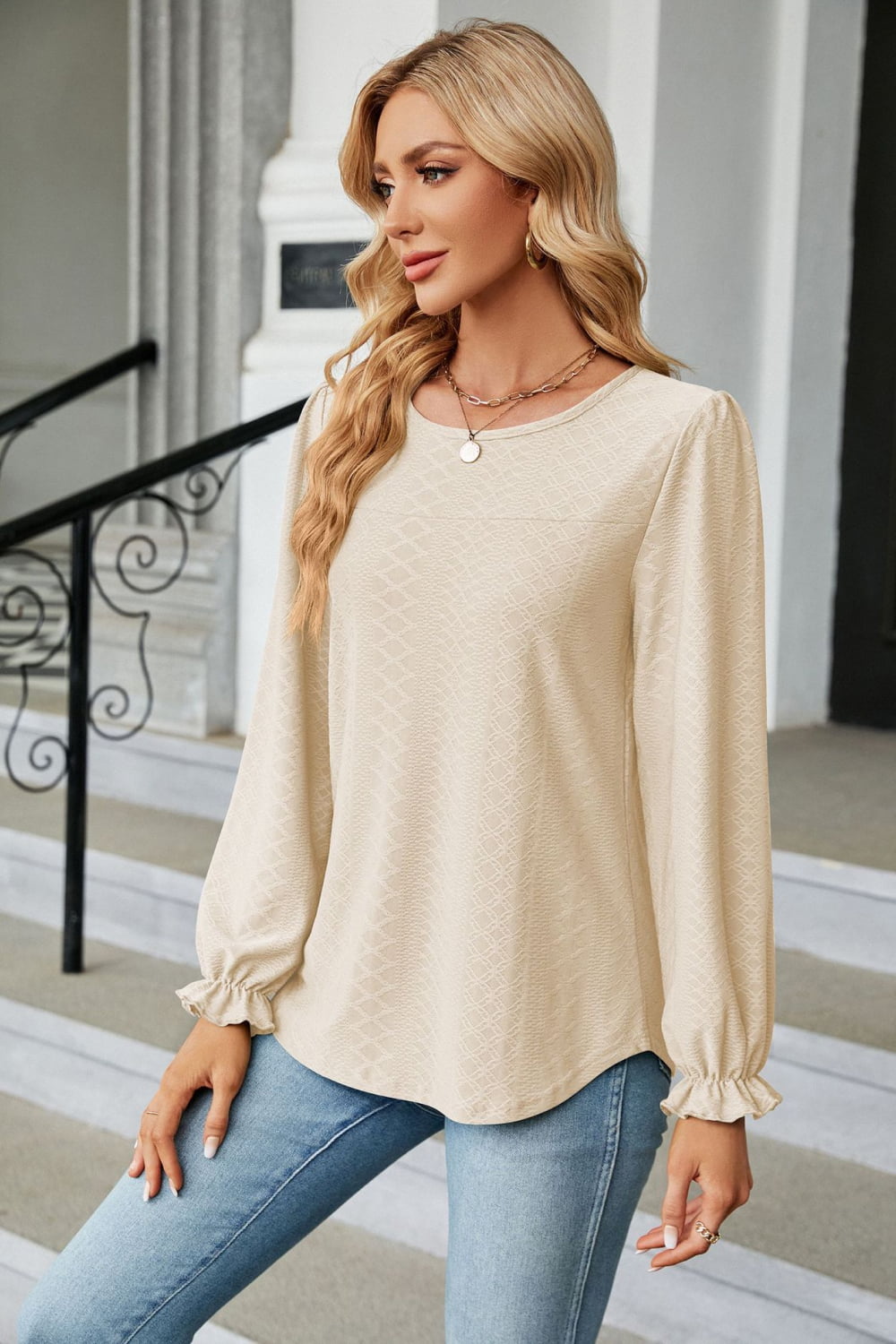 Round Neck Flounce Sleeve Blouse – Trendsi | ClozArt