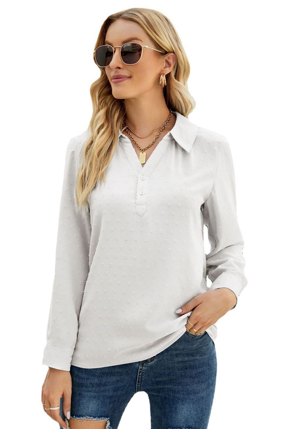 Swiss Dot Johnny Collar Blouse – Trendsi | ClozArt
