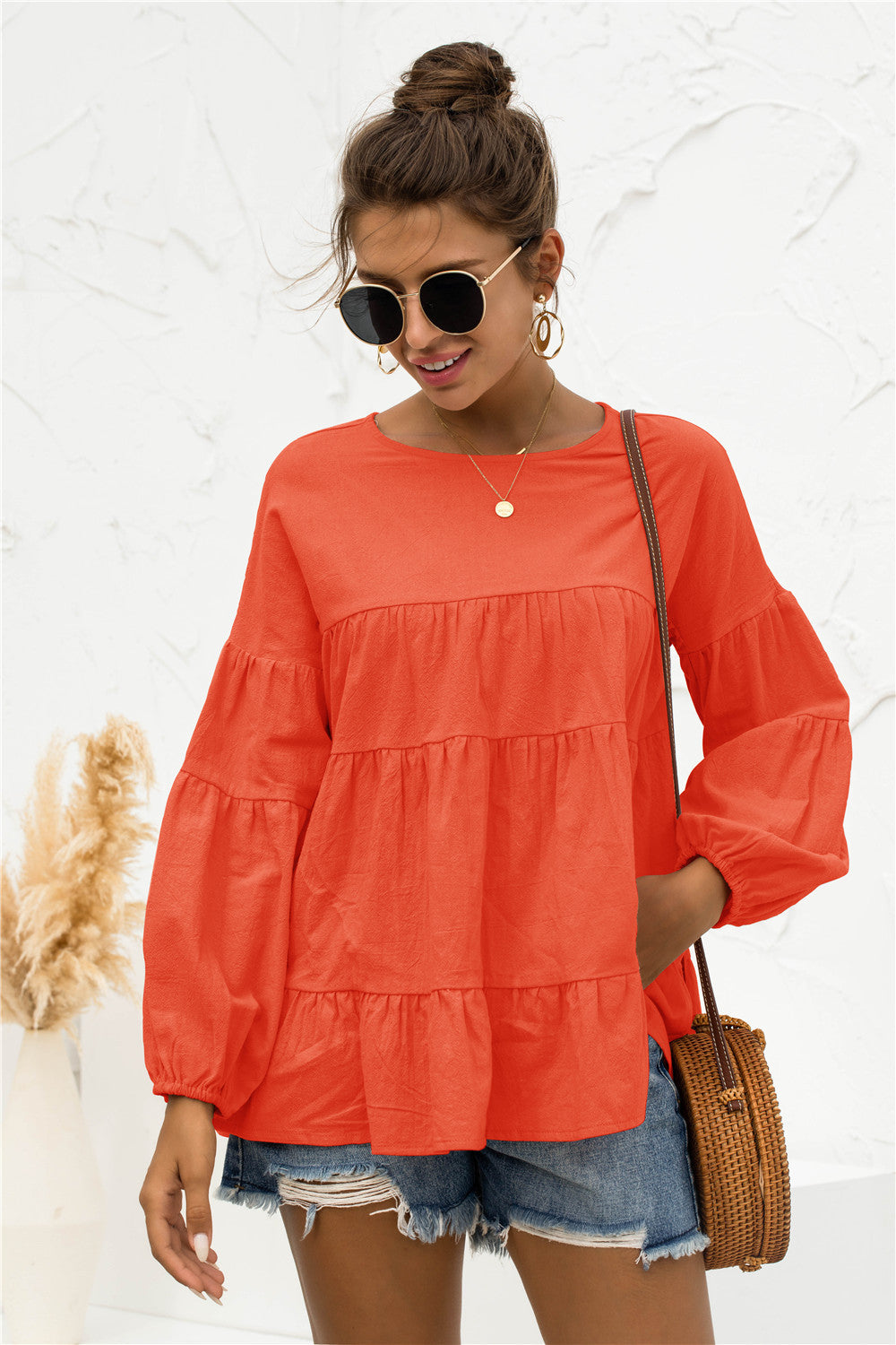 Round Neck Bubble Sleeve Tiered Blouse – Trendsi | ClozArt