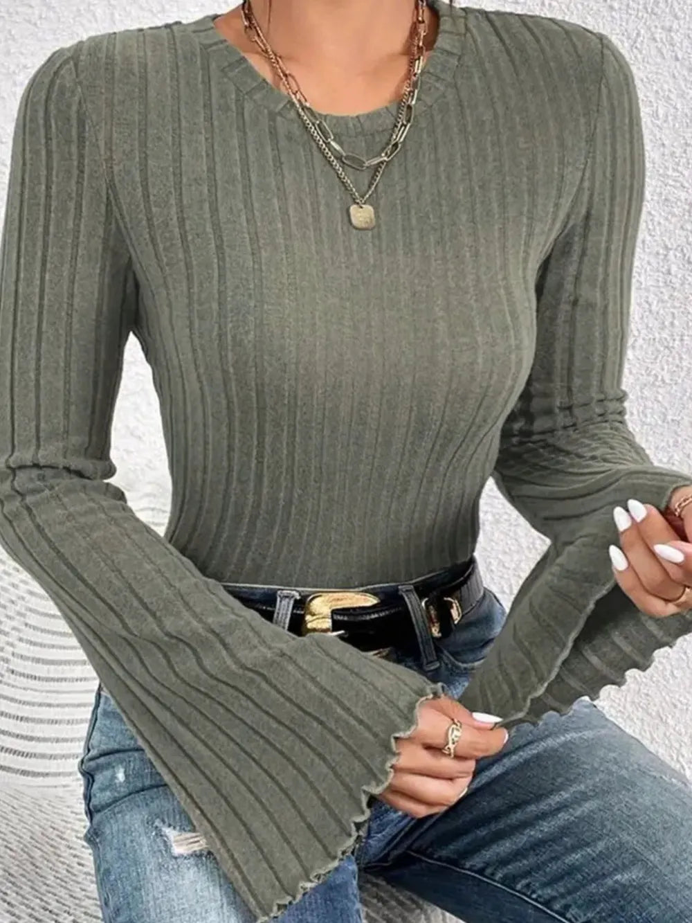 Ribbed Round Neck Flare Sleeve T-Shirt – Trendsi | ClozArt