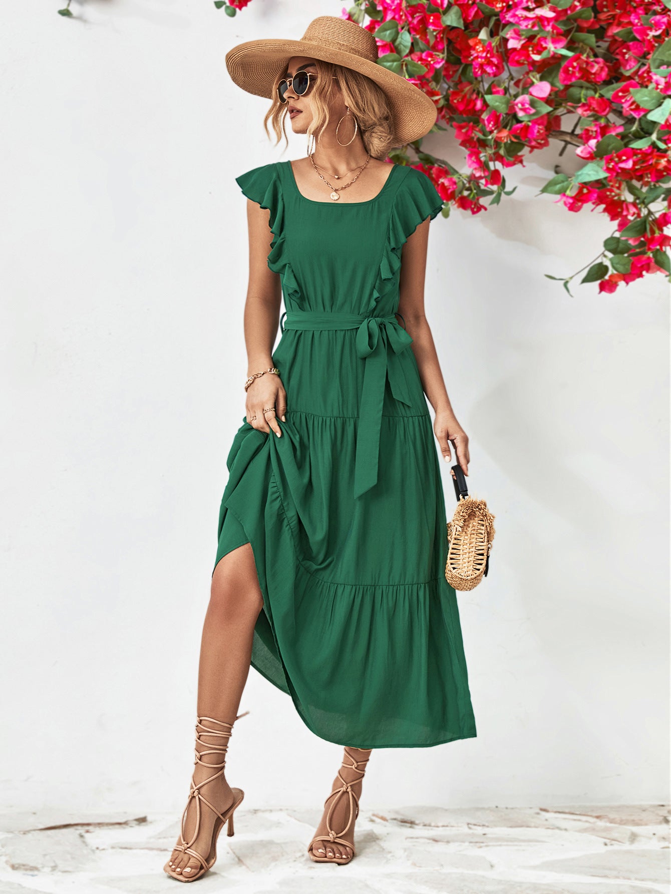 Tie Belt Ruffled Tiered Dress – Trendsi | ClozArt