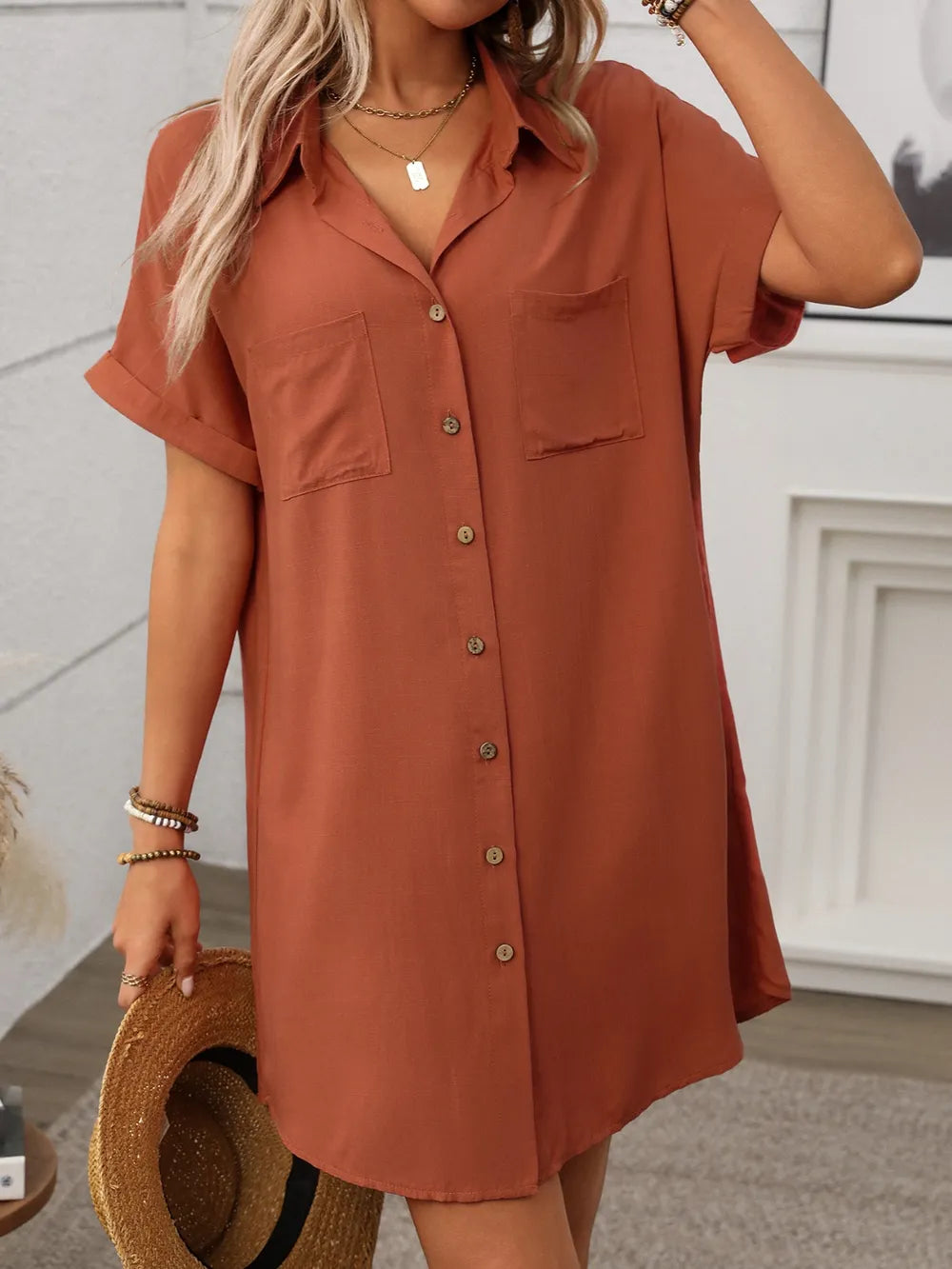 Button Down Short Sleeve Mini Dress – Trendsi | ClozArt