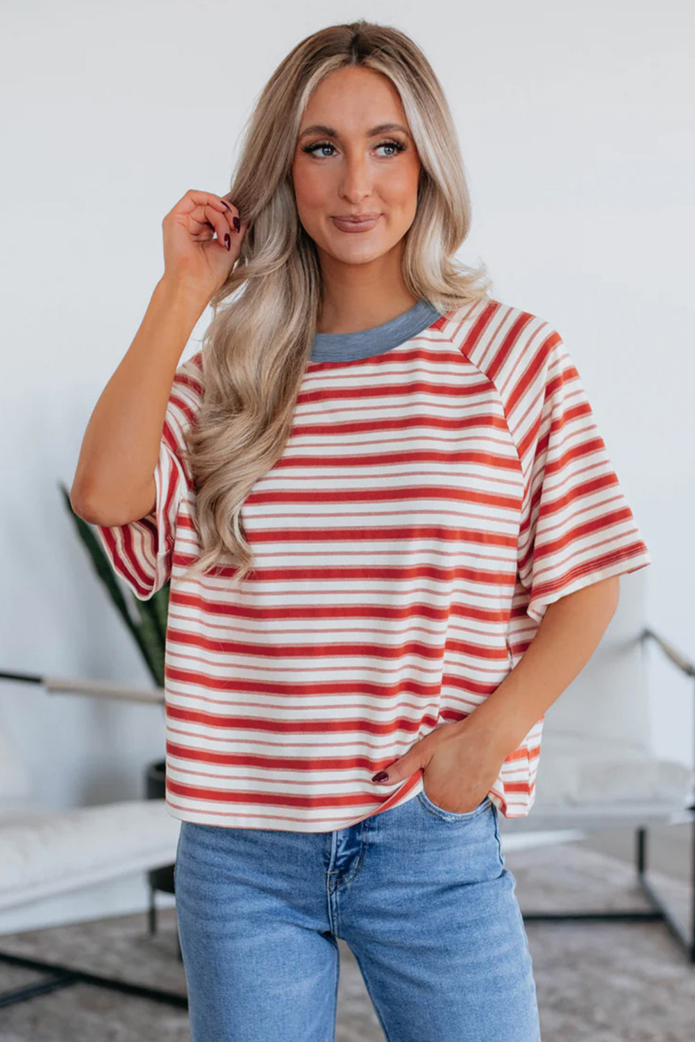 Tomato Red Striped Raglan Sleeve Contrast Neck T-Shirt – Shewin | ClozArt