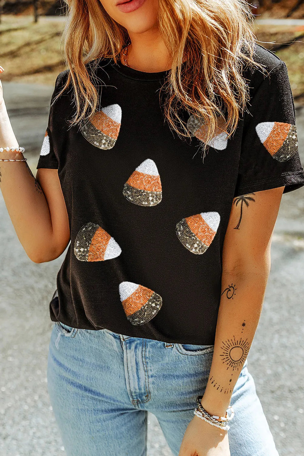 Sequin Round Neck Short Sleeve T-Shirt – Trendsi | ClozArt
