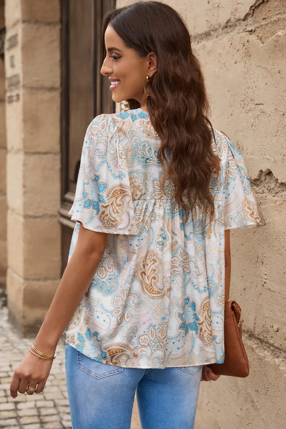 Printed Round Neck Short Sleeve Blouse – Trendsi | ClozArt