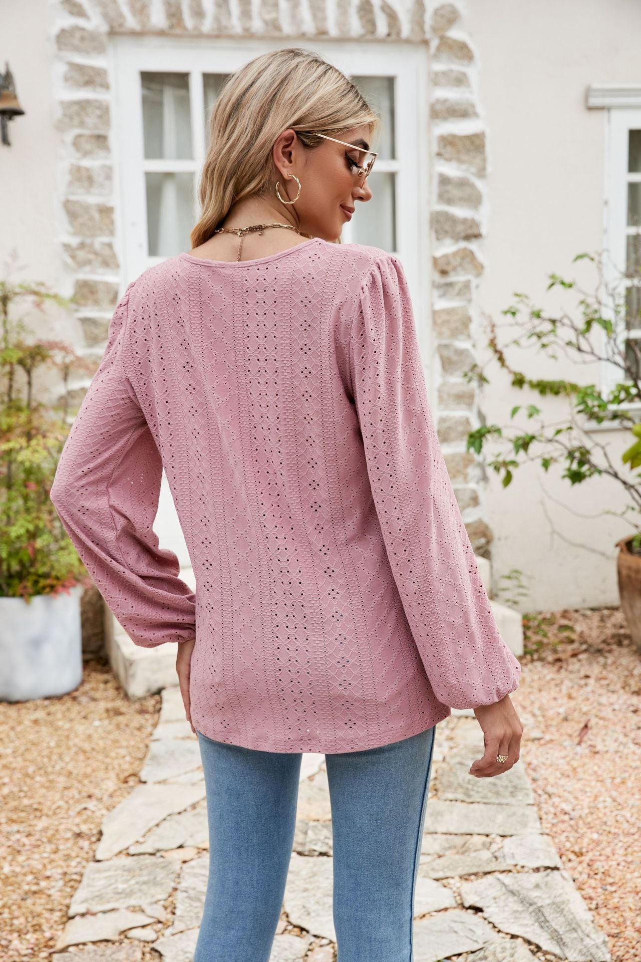 Eyelet Notched Neck Balloon Sleeve Blouse – Trendsi | ClozArt