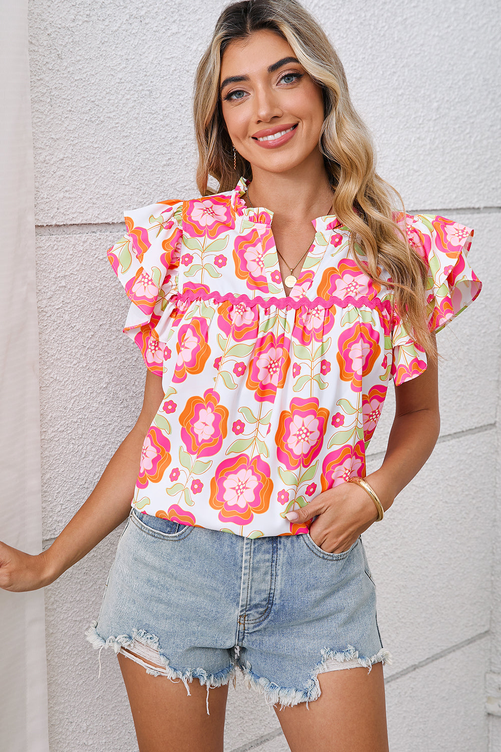 Rose Boho Floral Print Ricrac Ruffle Sleeve Blouse – Shewin | ClozArt
