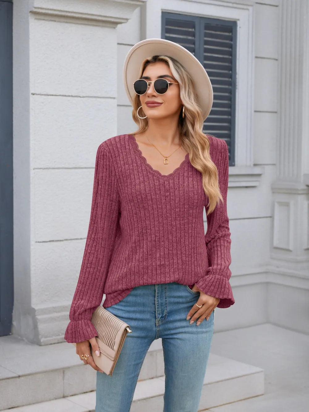 Lace Detail V-Neck Long Sleeve T-Shirt – Trendsi | ClozArt