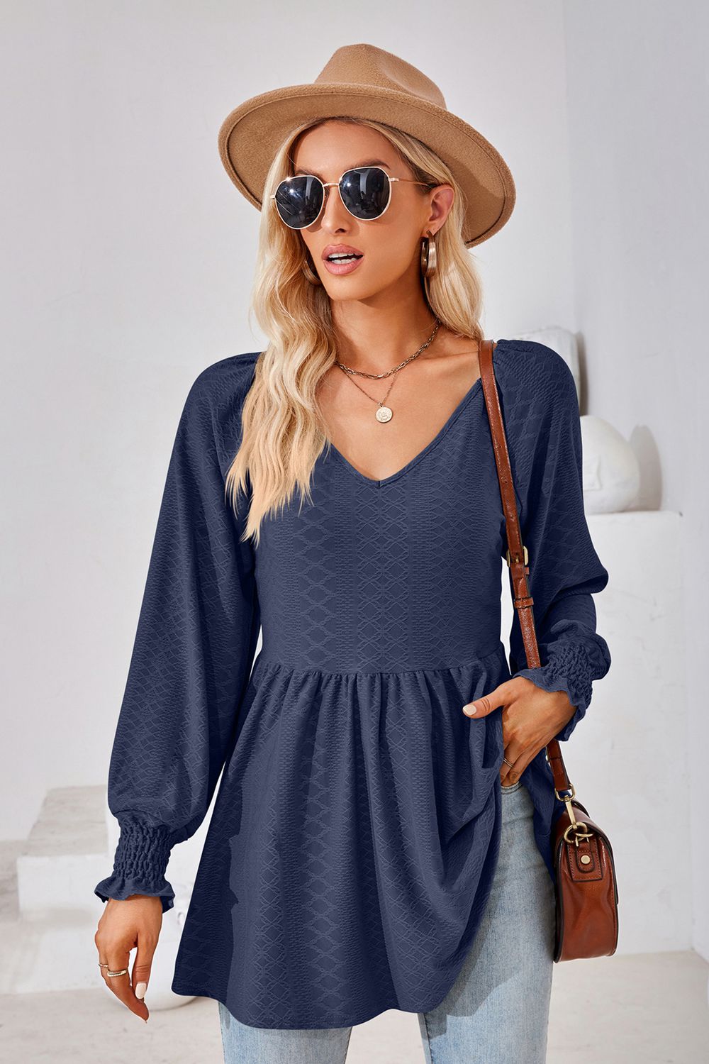 V-Neck Lantern Sleeve Blouse – Trendsi | ClozArt