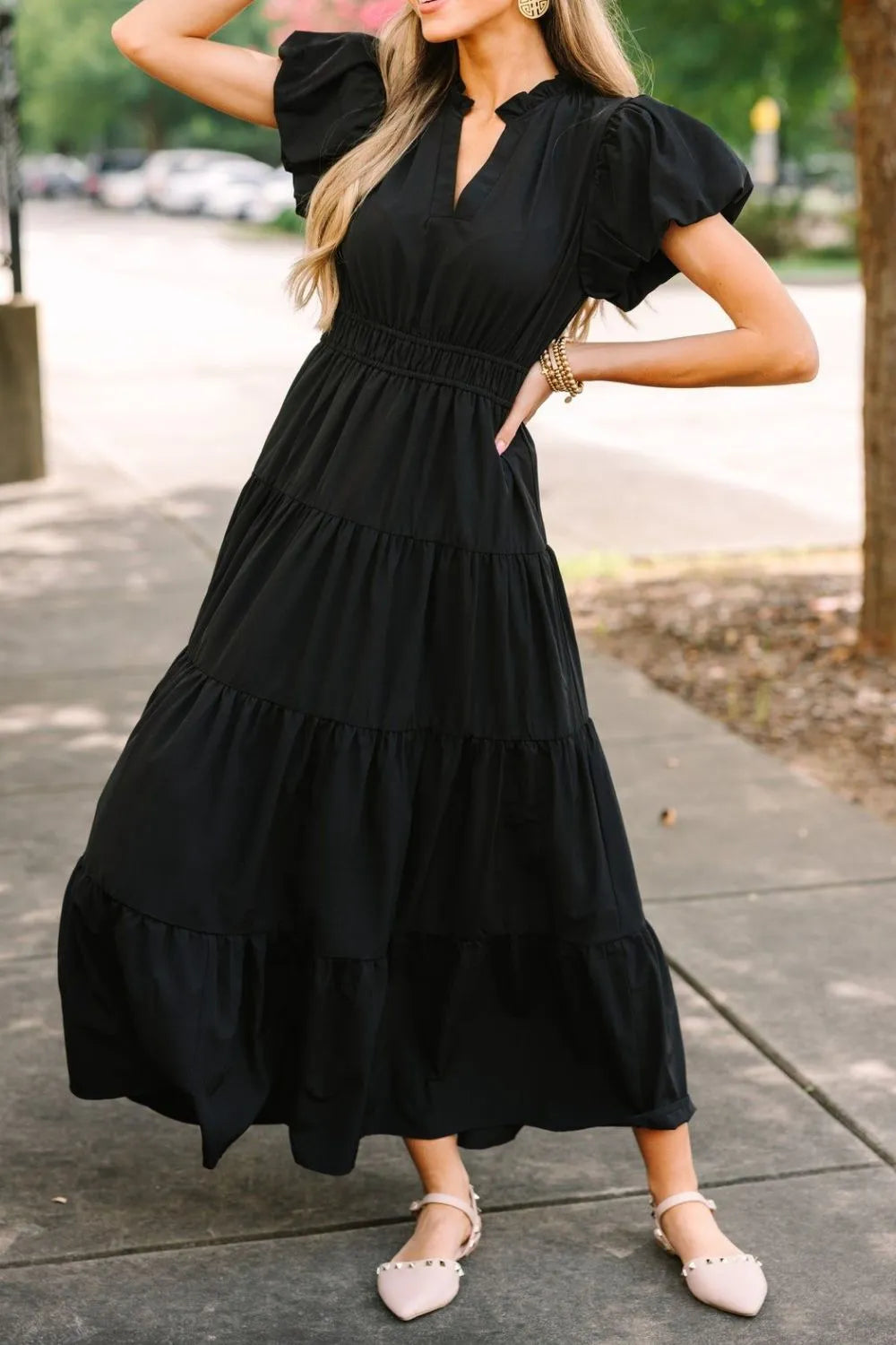 Notched Short Puff Sleeve Dress – Trendsi | ClozArt