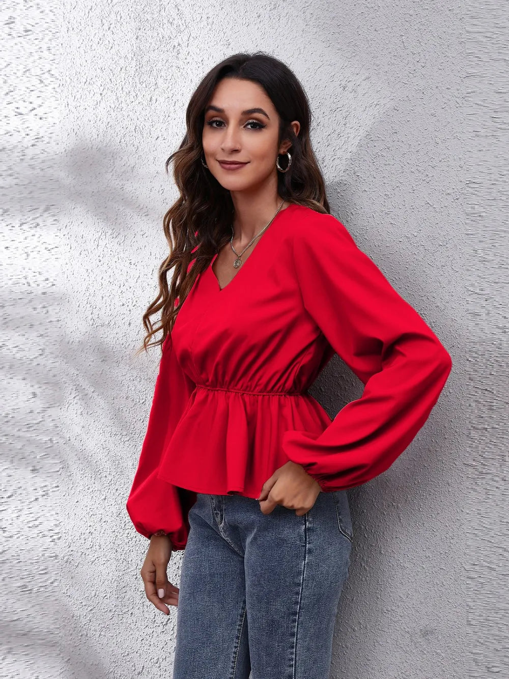 V-Neck Balloon Sleeve Peplum Blouse – Trendsi | ClozArt