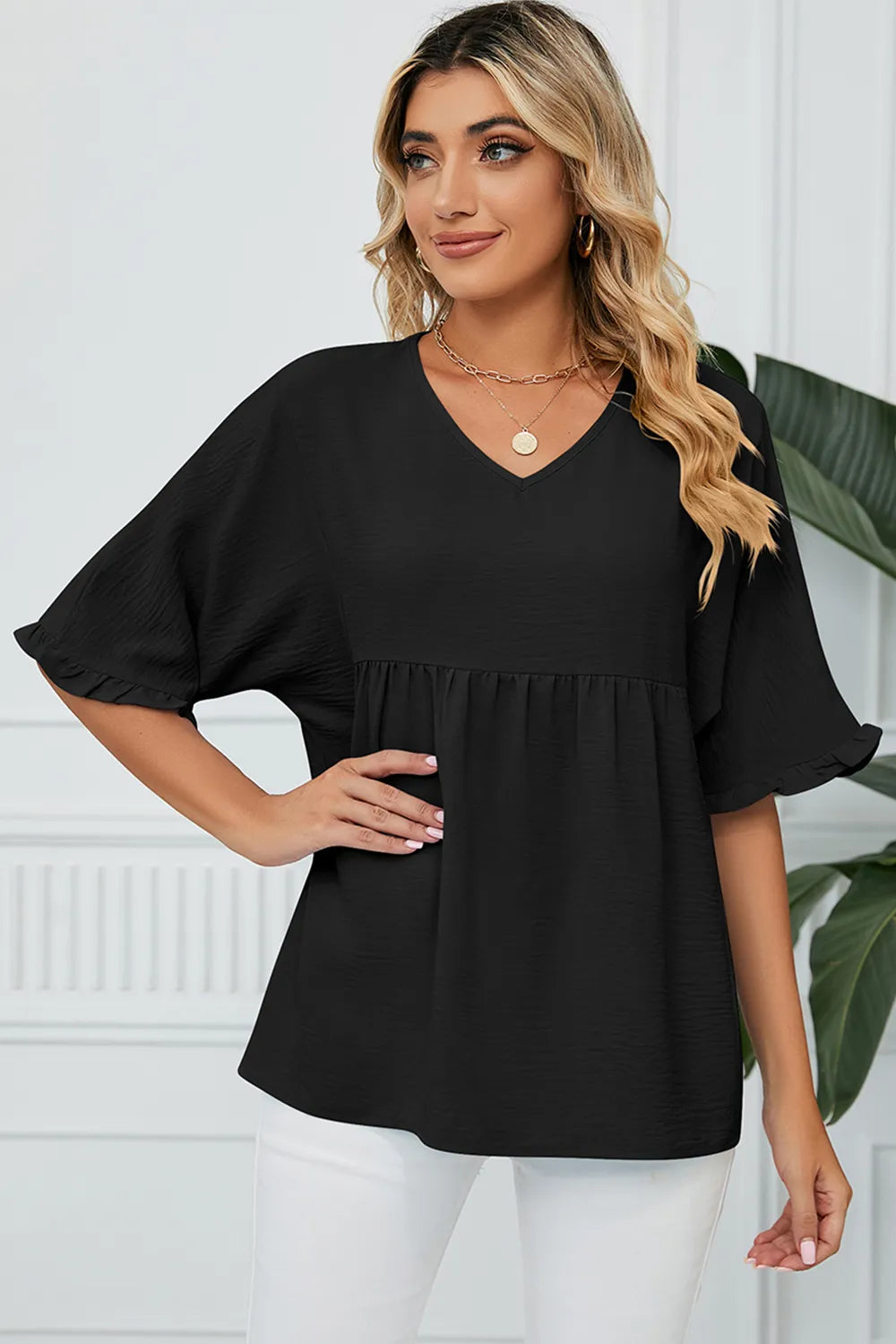 Peplum V-Neck Half Sleeve T-Shirt – Trendsi | ClozArt