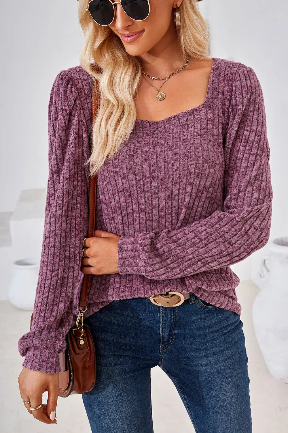 Ribbed Square Neck Long Sleeve T-Shirt – Trendsi | ClozArt