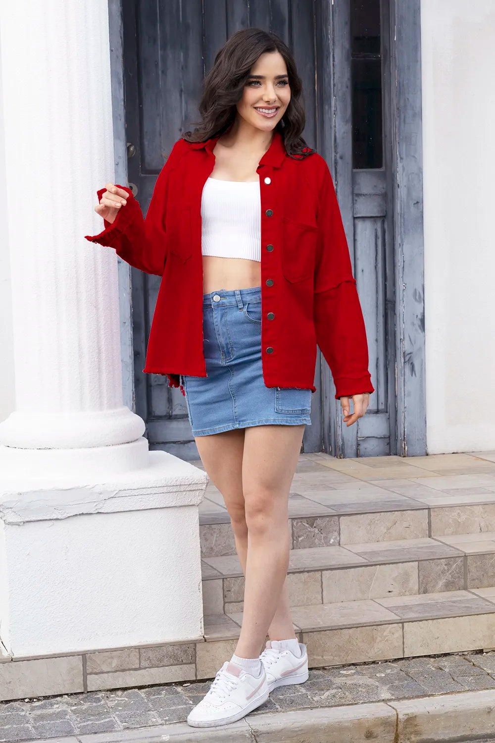 Raw Hem Pocketed Collared Neck Denim Jacket – Trendsi | ClozArt