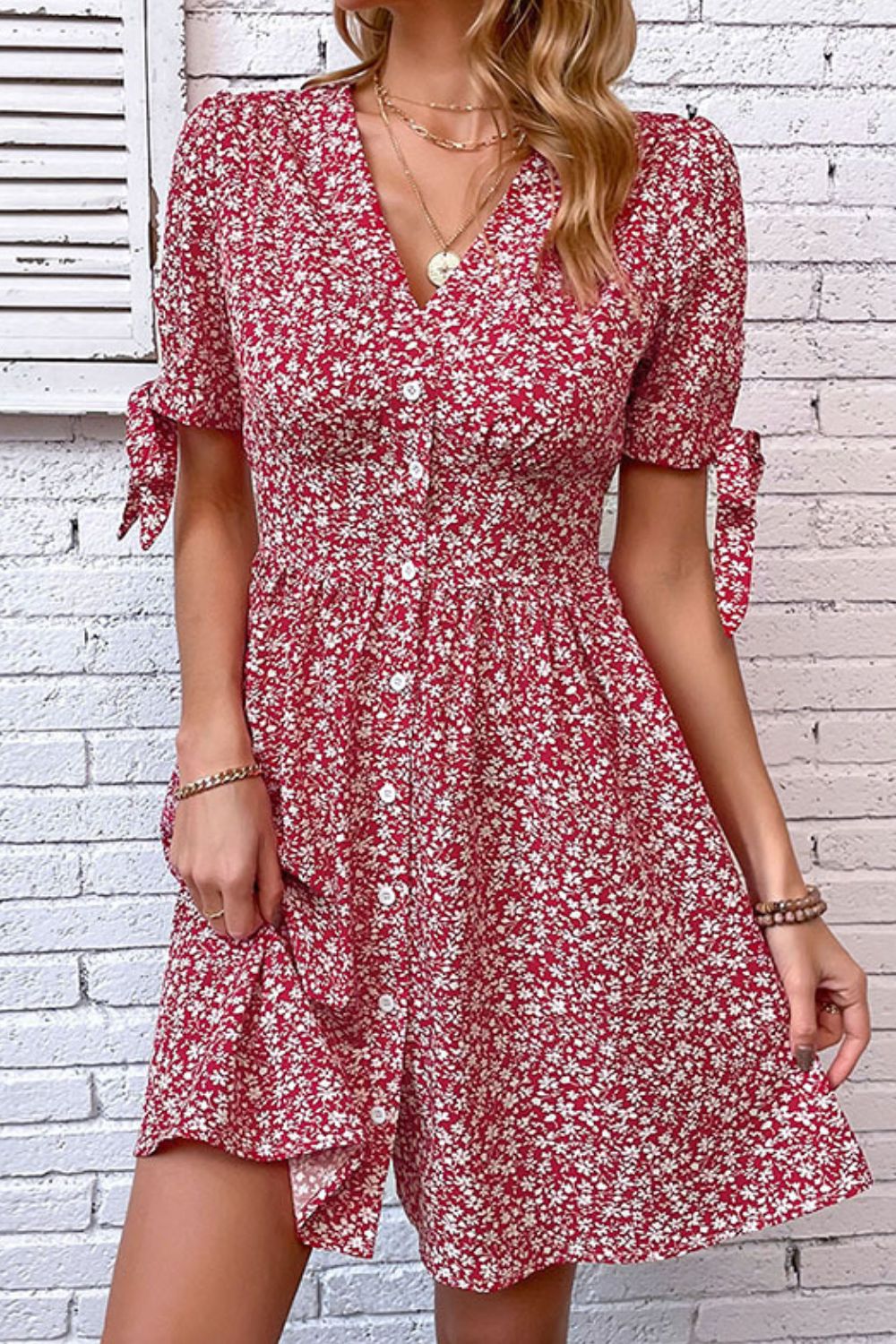 Perfee Ditsy Floral Tied Puff Sleeve Button Front Dress – Trendsi | ClozArt