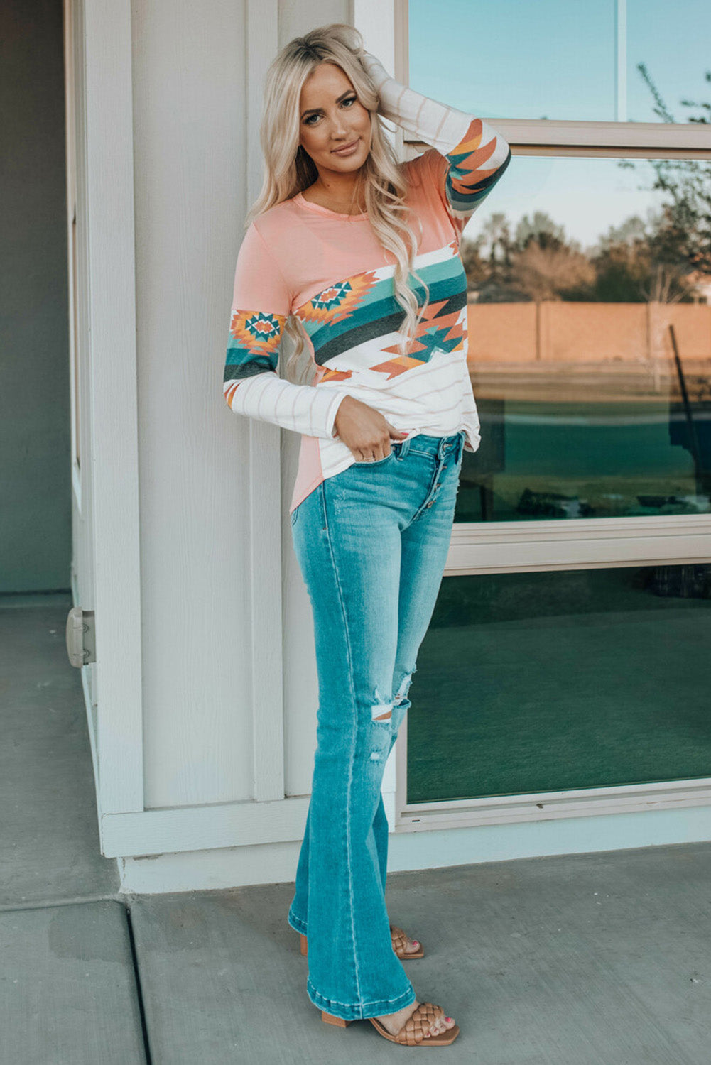 Geometric Round Neck Long Sleeve T-Shirt – Trendsi | ClozArt