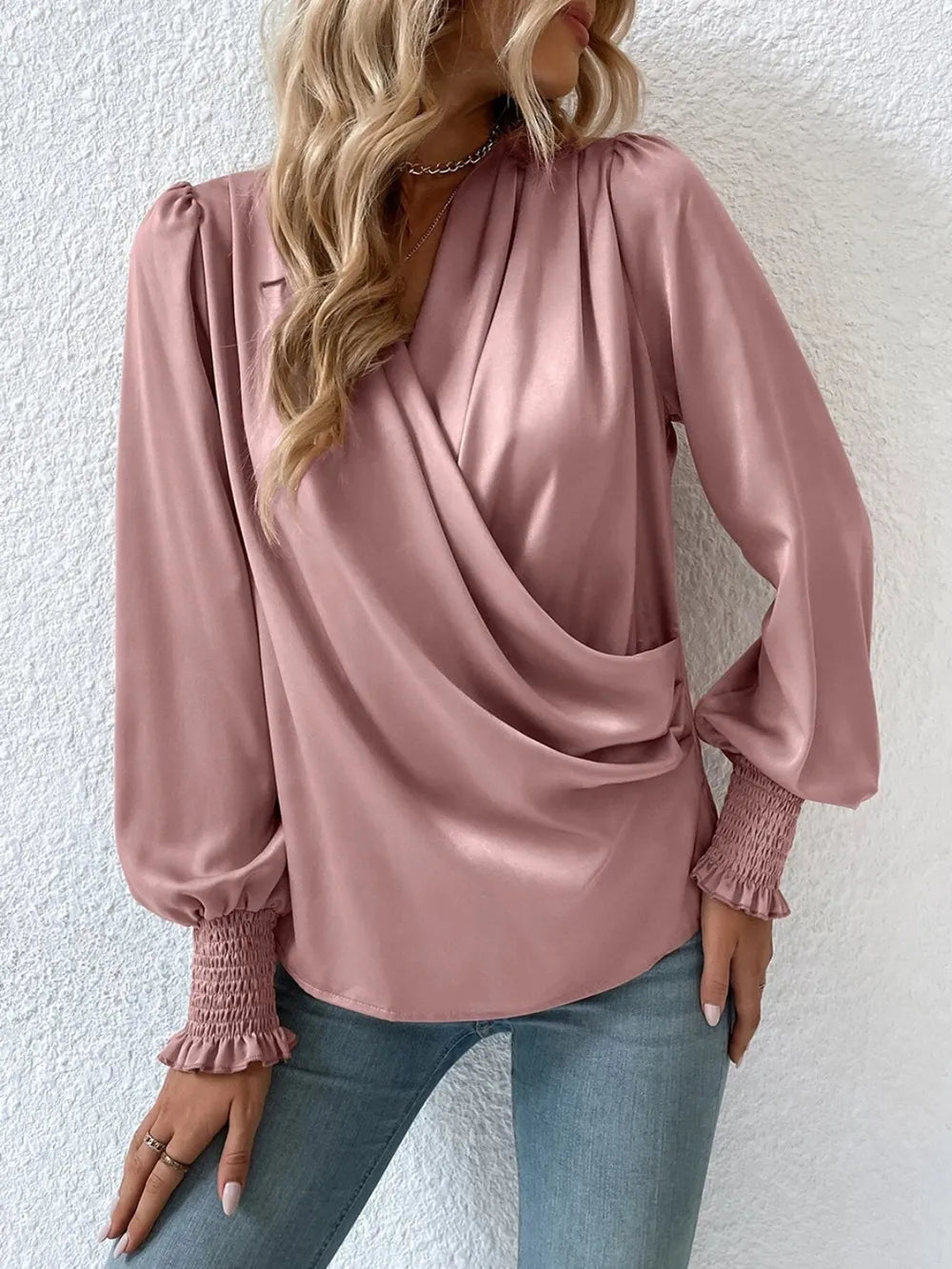 Surplice Smocked Lantern Sleeve Blouse – Trendsi | ClozArt