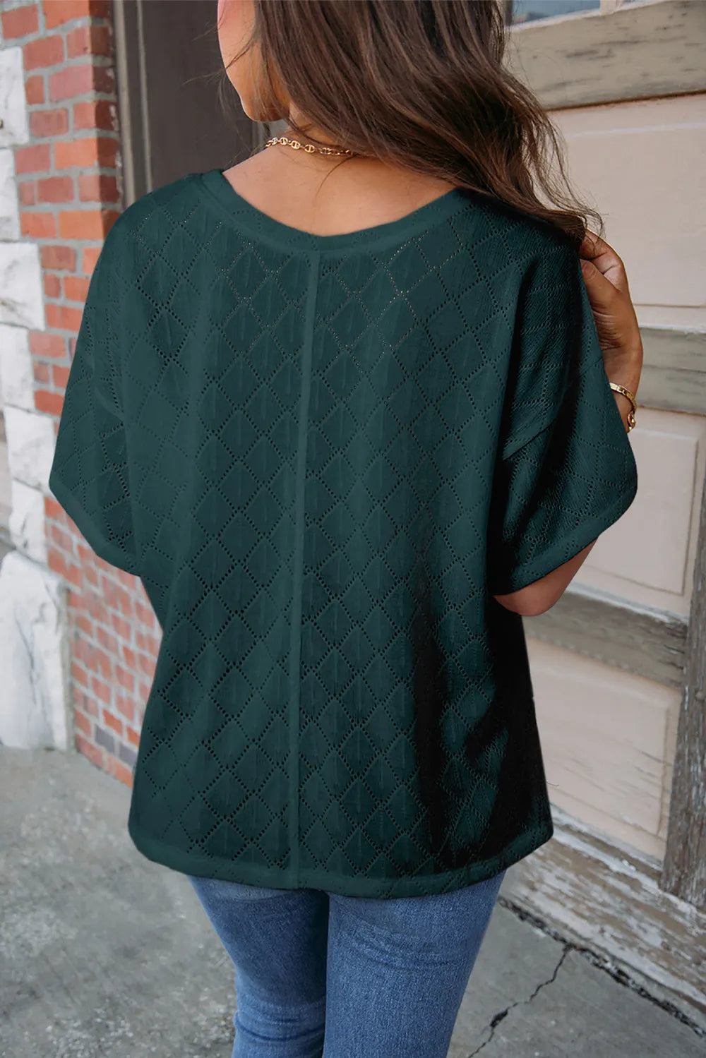 Eyelet V-Neck Dropped Shoulder T-Shirt – Trendsi | ClozArt