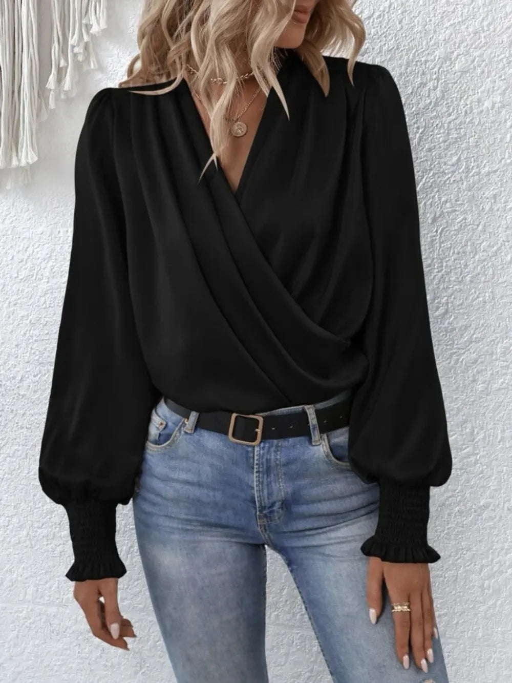 Surplice Smocked Lantern Sleeve Blouse – Trendsi | ClozArt