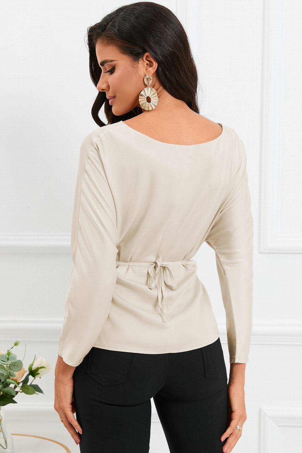 Boat Neck Back Tie Long Sleeve Satin Blouse – Trendsi | ClozArt
