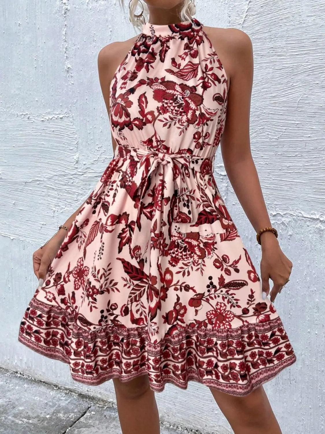 Printed Tie Waist Mini Dress – Trendsi | ClozArt