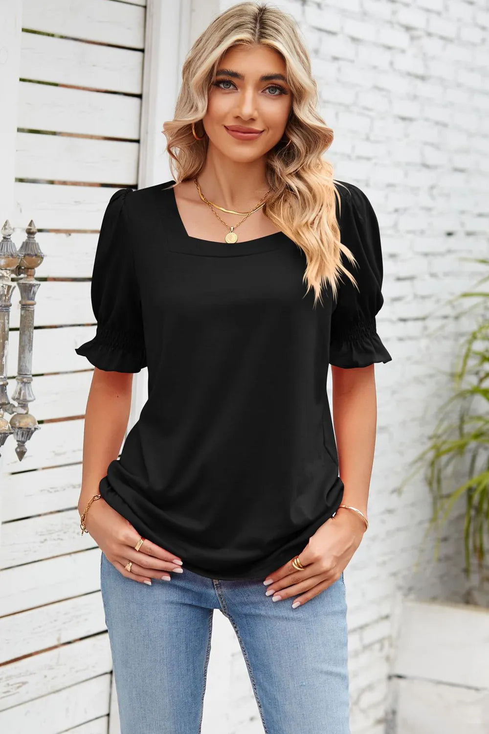 Smocked Square Neck Short Sleeve T-Shirt – Trendsi | ClozArt