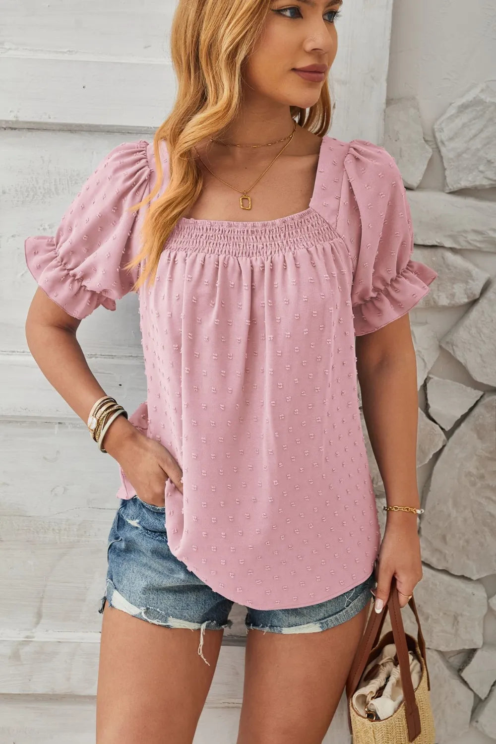 Swiss Dot Smocked Square Neck Short Sleeve T-Shirt – Trendsi | ClozArt