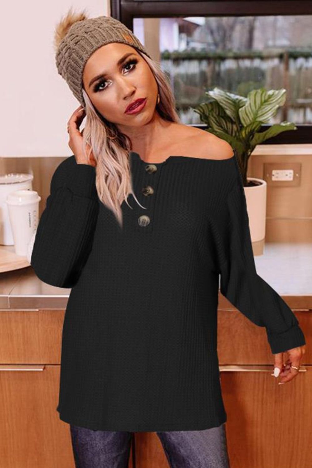 Buttoned Boat Neck Long Sleeve Blouse – Trendsi | ClozArt