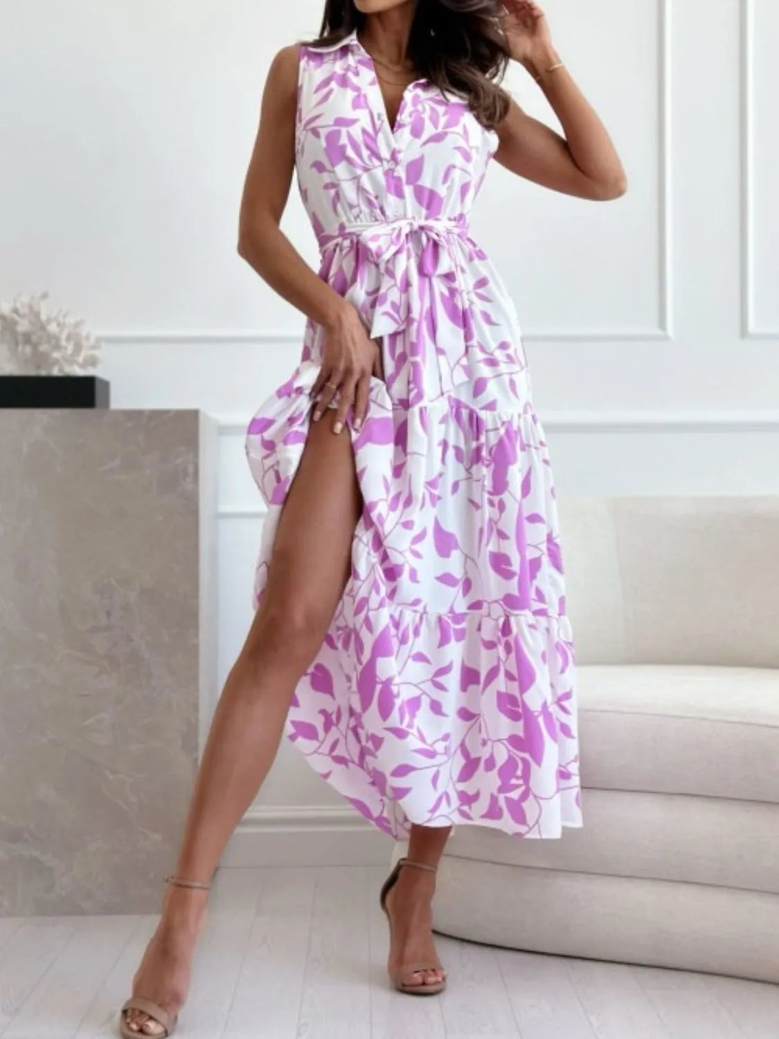 Sleeveless Tie Waist Printed Dress – Trendsi | ClozArt