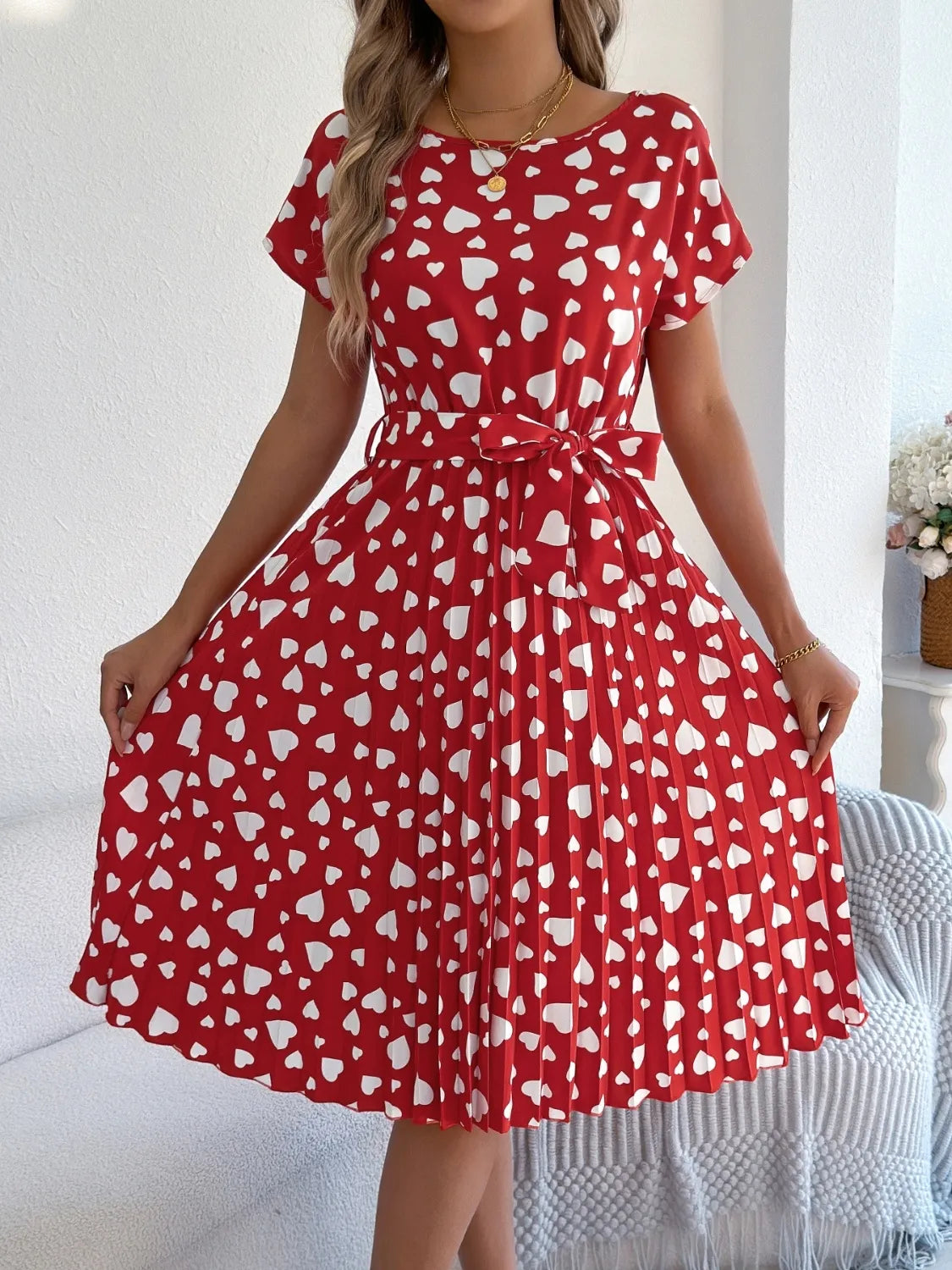 Heart Print Short Sleeve Tie Waist Dress – Trendsi | ClozArt