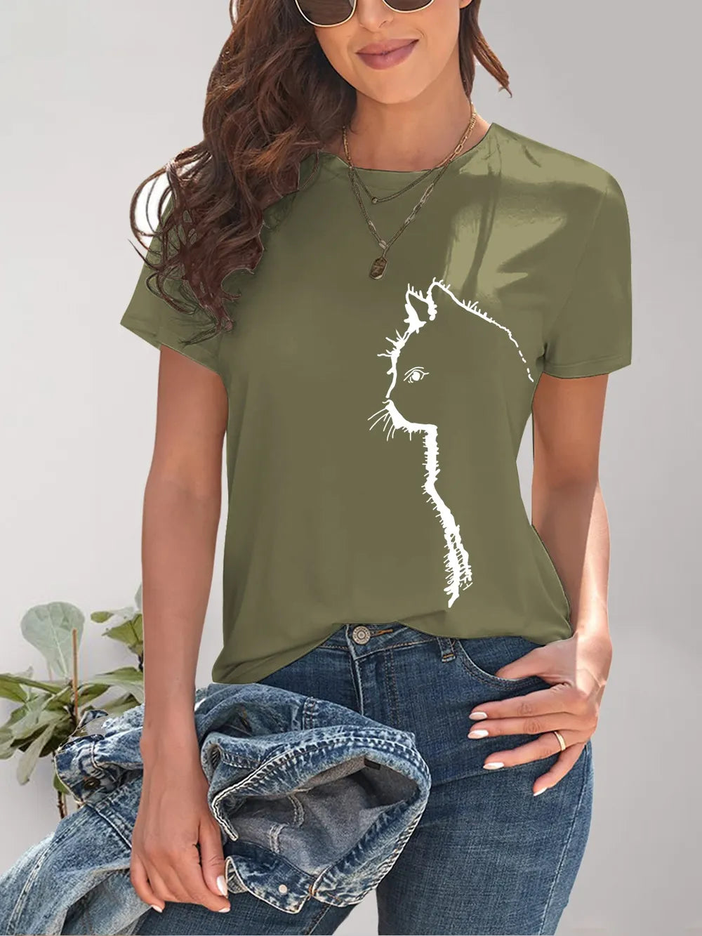 Cat Round Neck Short Sleeve T-Shirt – Trendsi | ClozArt