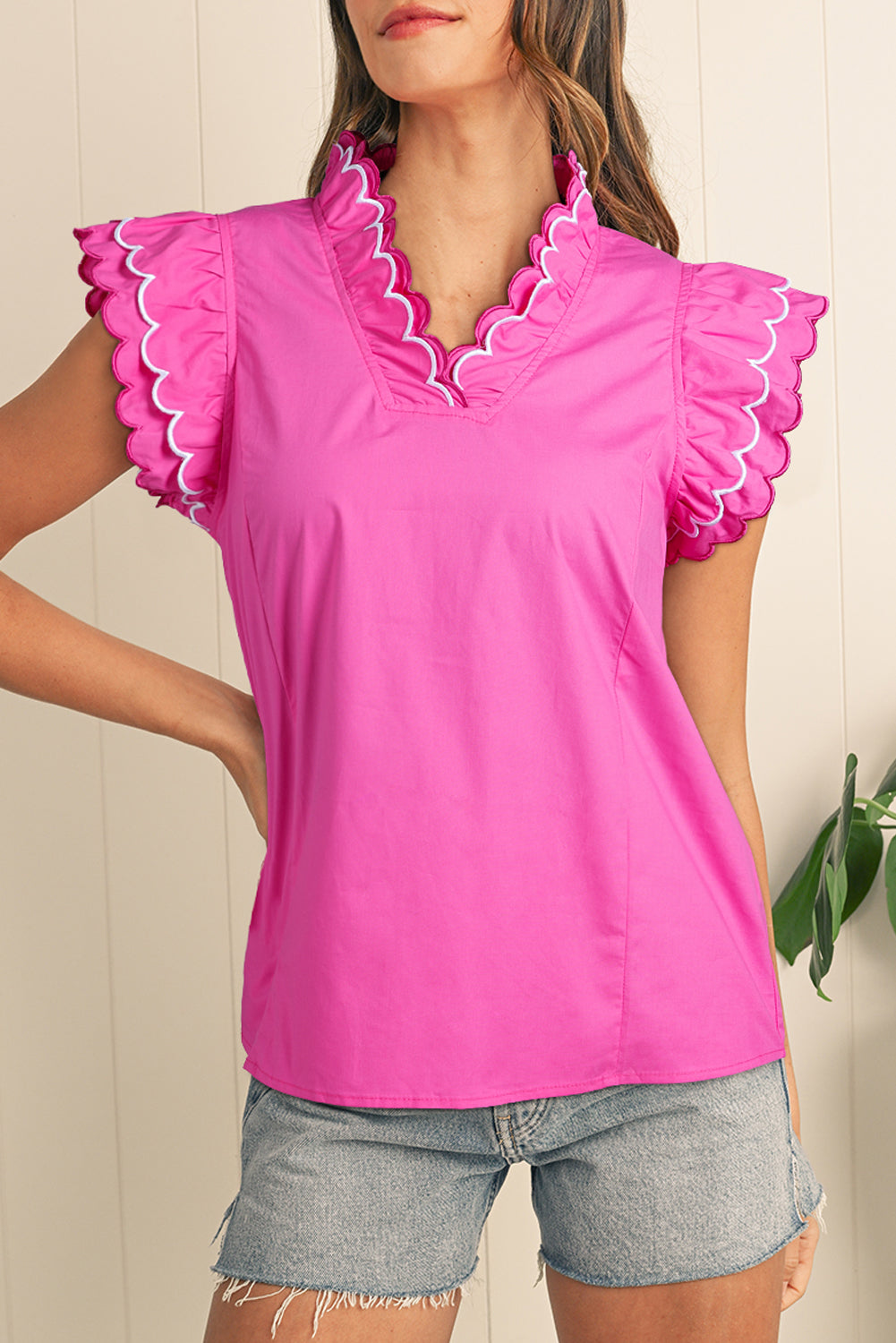 Bright Pink Scallop Trim V Neck Layered Short Sleeve Blouse – Shewin | ClozArt