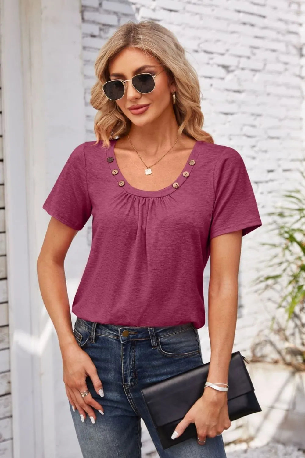 Decorative Button Scoop Neck T-Shirt – Trendsi | ClozArt