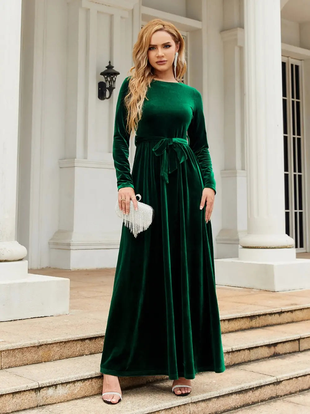 Tie Front Round Neck Long Sleeve Maxi Dress – Trendsi | ClozArt