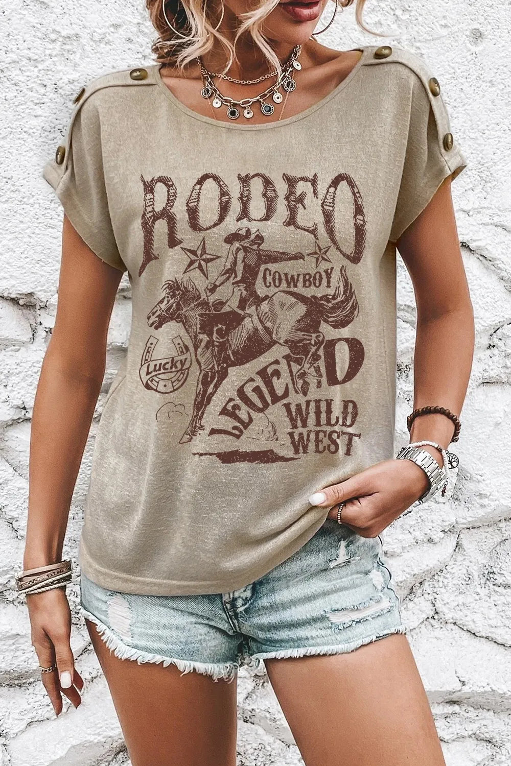 Decorative Button Graphic Round Neck Short Sleeve T-Shirt – Trendsi | ClozArt
