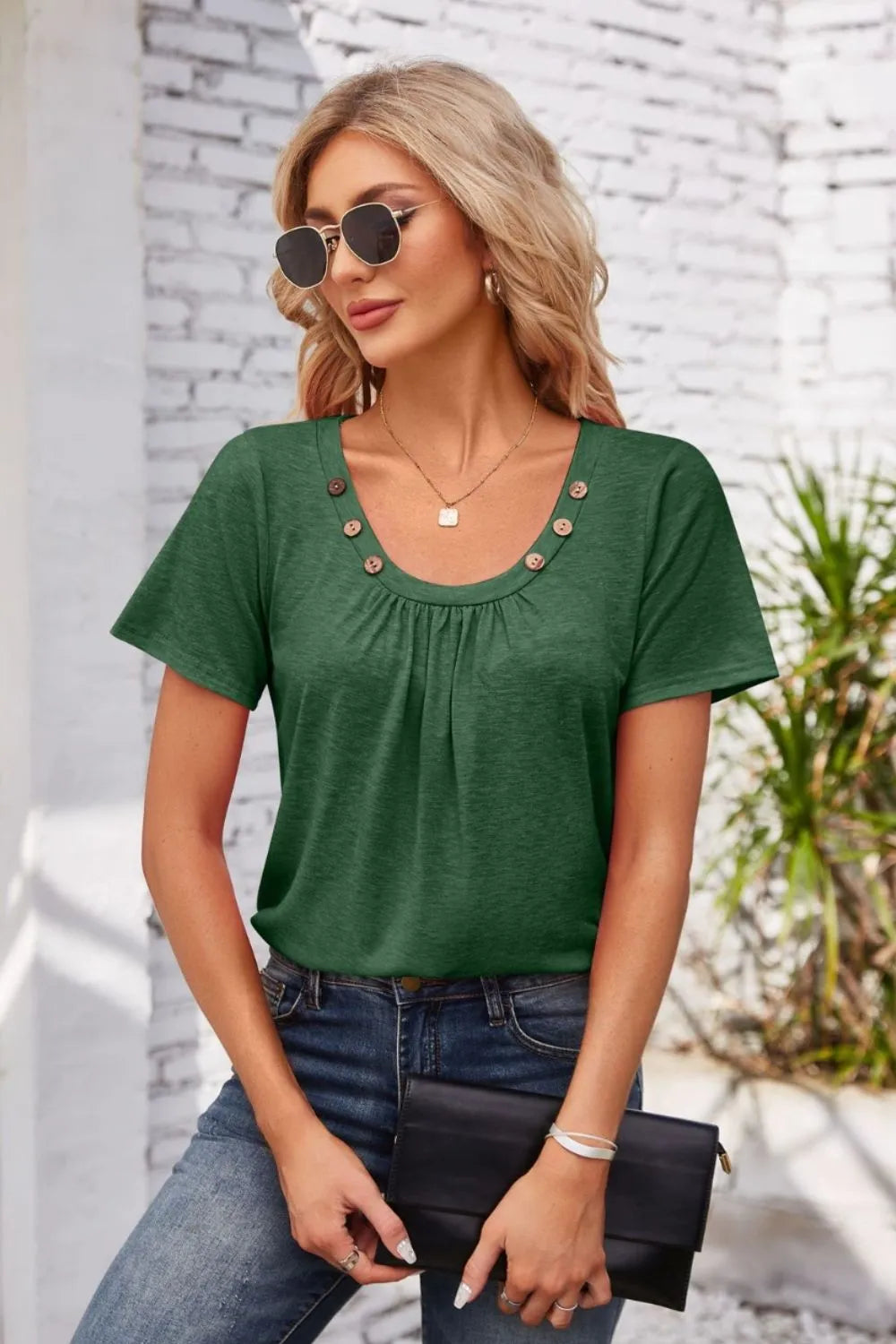 Decorative Button Scoop Neck T-Shirt – Trendsi | ClozArt