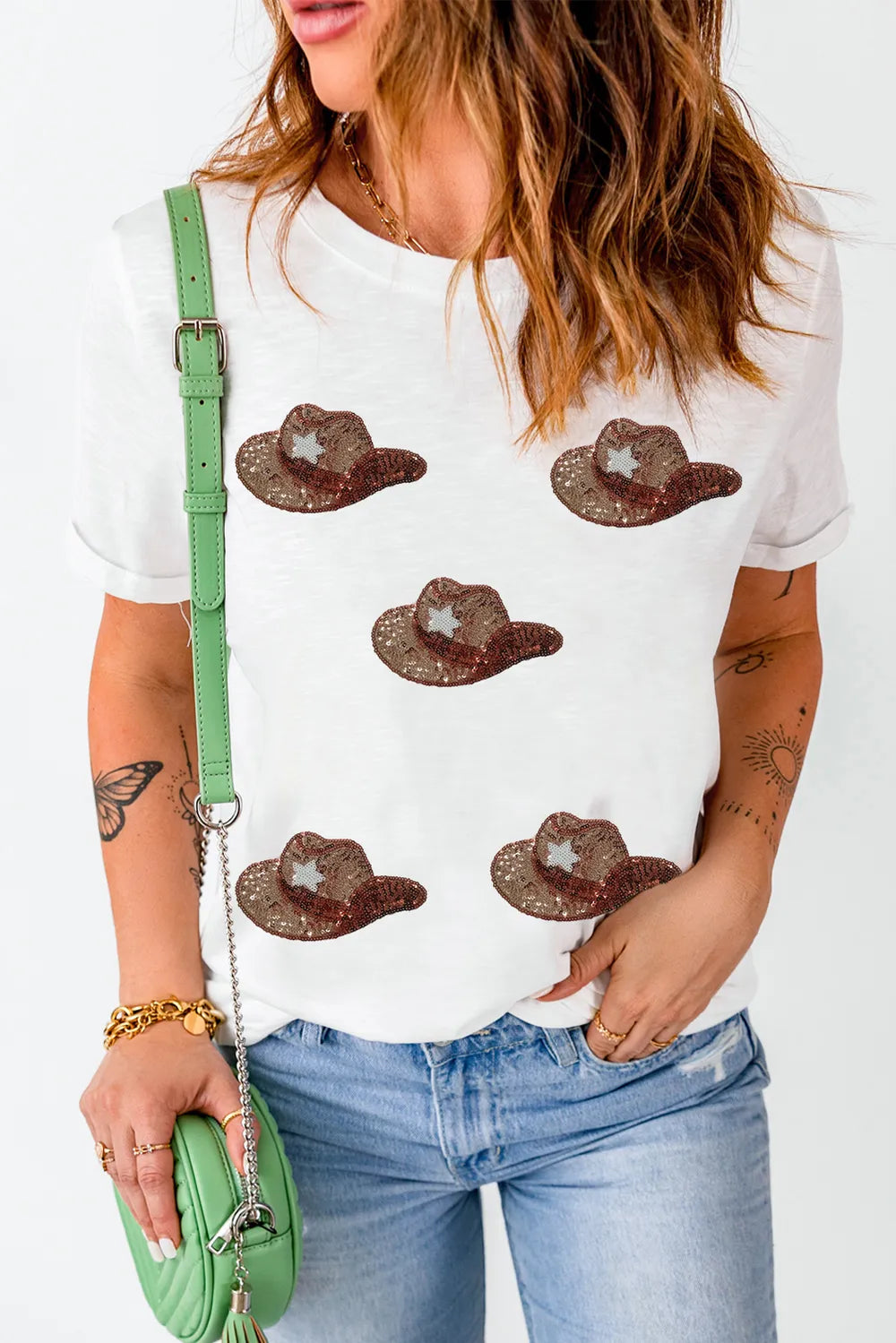 Sequin Hat Round Neck Short Sleeve T-Shirt – Trendsi | ClozArt