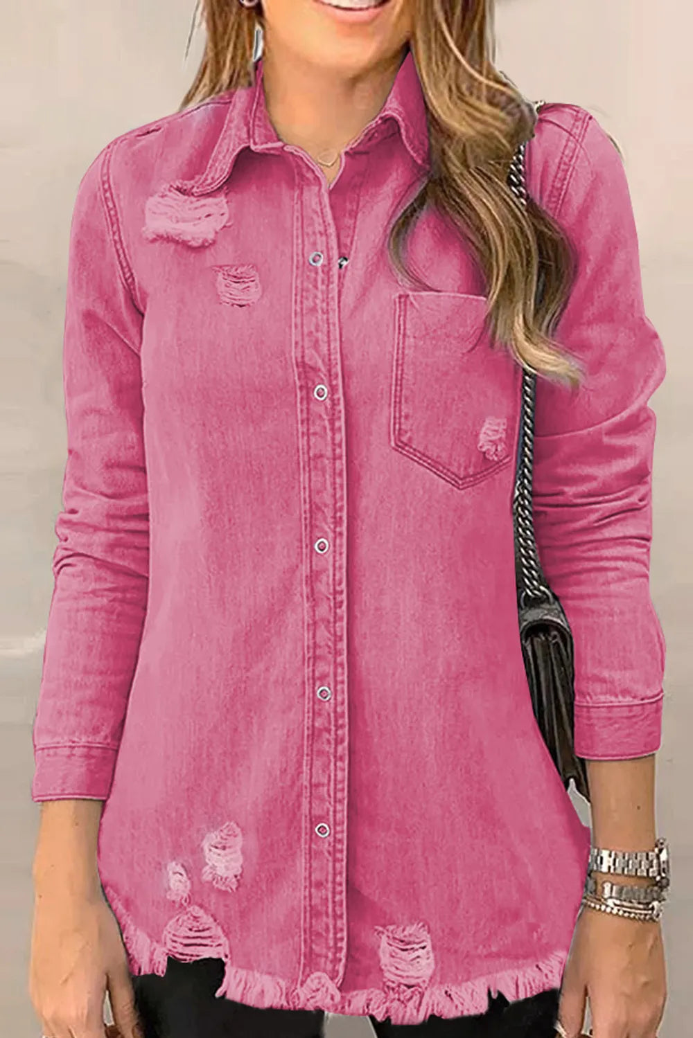 Distressed Raw Hem Snap Down Denim Jacket – Trendsi | ClozArt