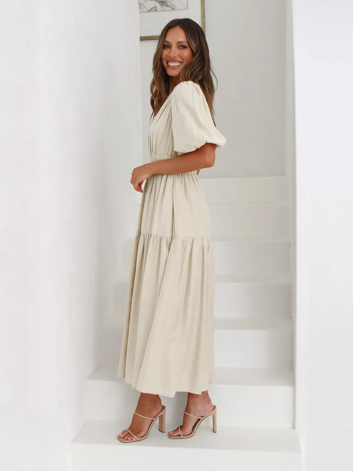 Tiered Surplice Half Sleeve Midi Dress – Trendsi | ClozArt
