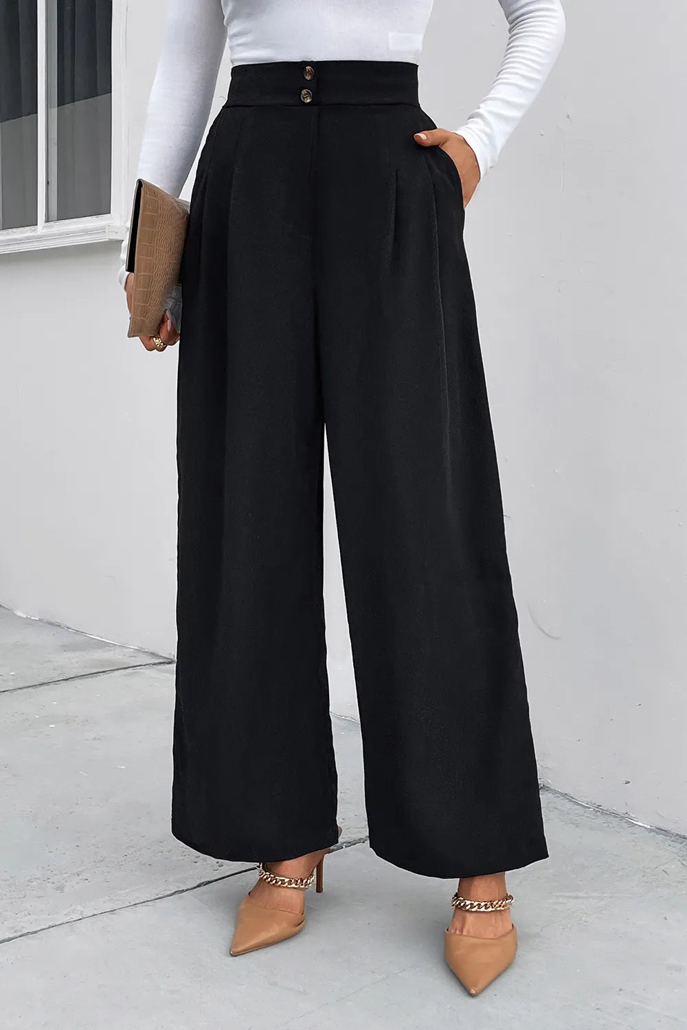 Perfee High Waist Ruched Pocketed Wide Leg Pants – Trendsi | ClozArt