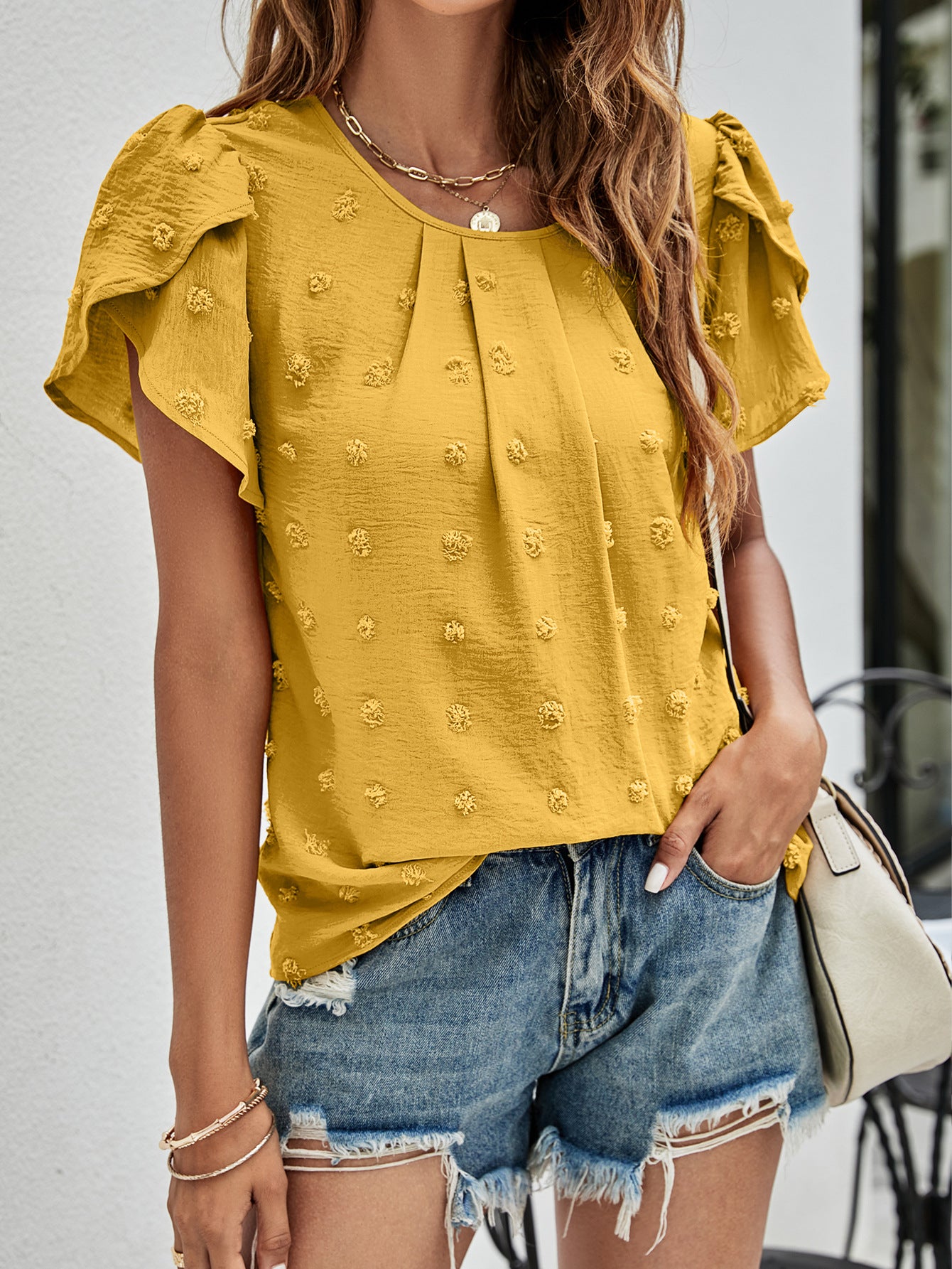 Swiss Dot Round Neck Petal Sleeve Top – Trendsi | ClozArt