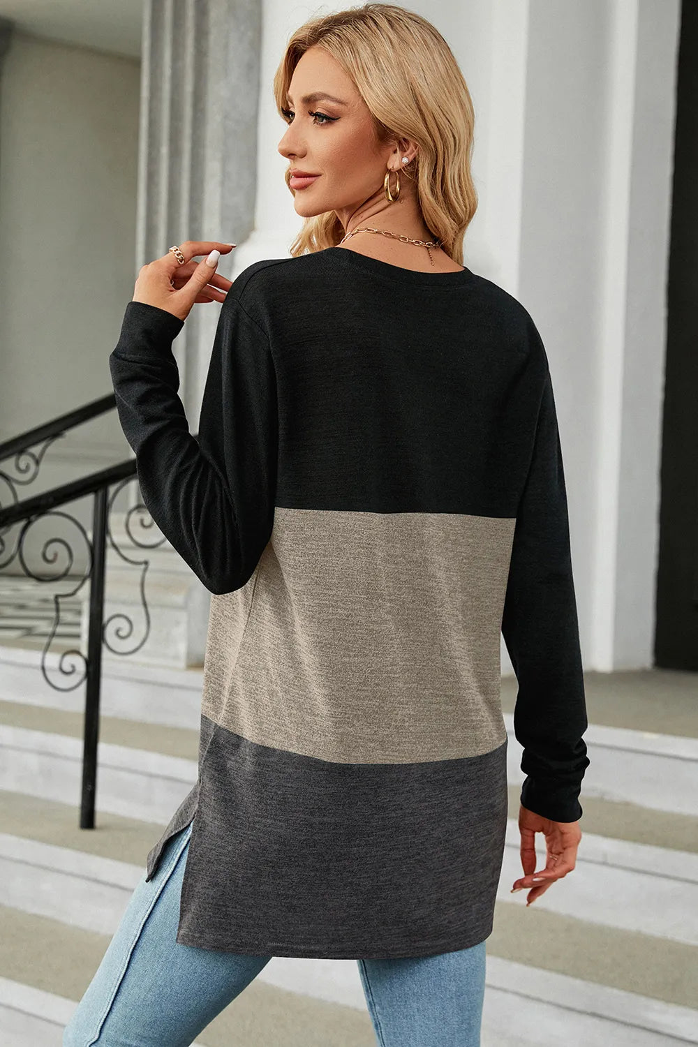 Color Block Round Neck Long Sleeve T-Shirt – Trendsi | ClozArt