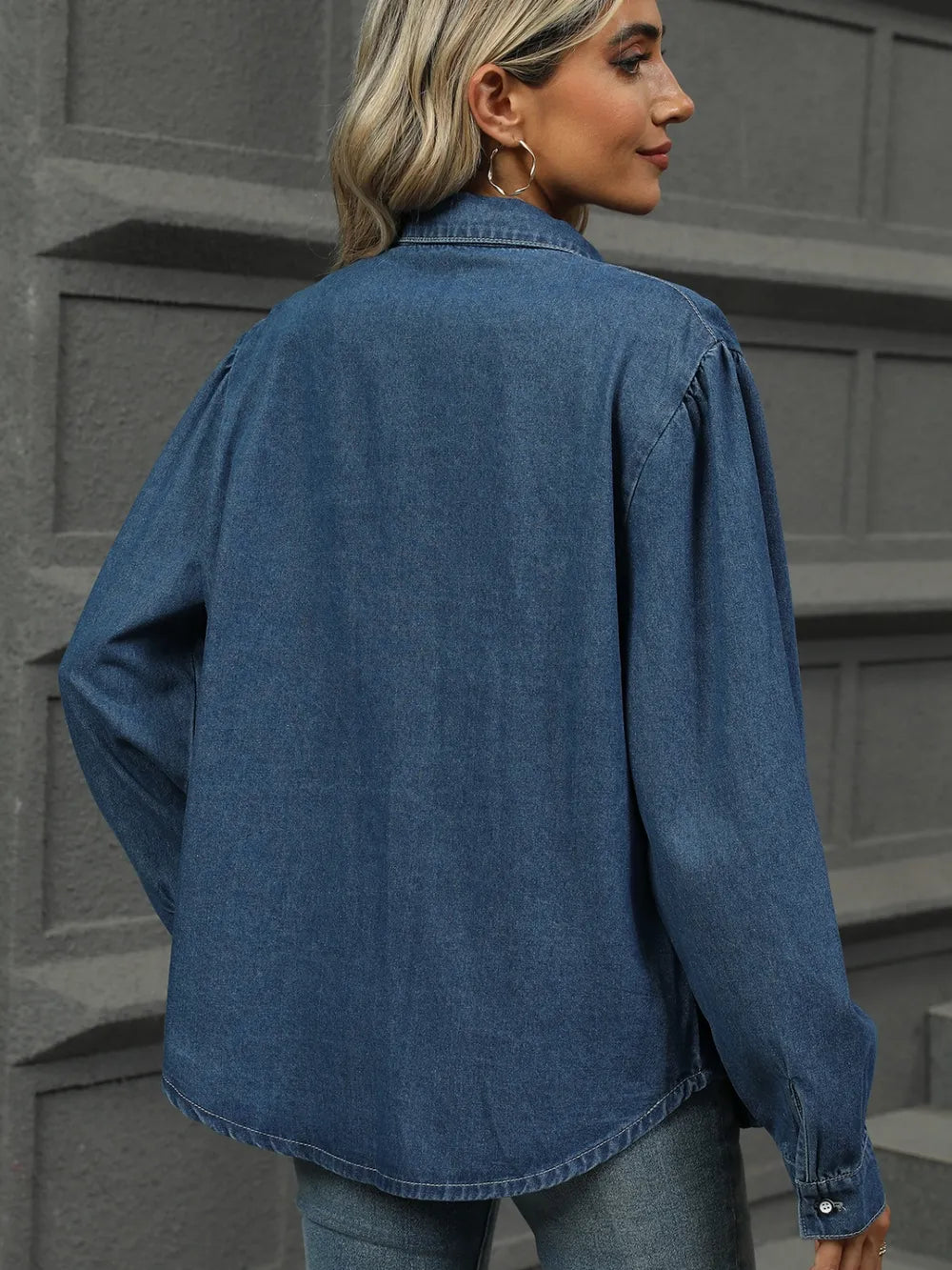 Button Down Collared Neck Long Sleeve Denim Top – Trendsi | ClozArt
