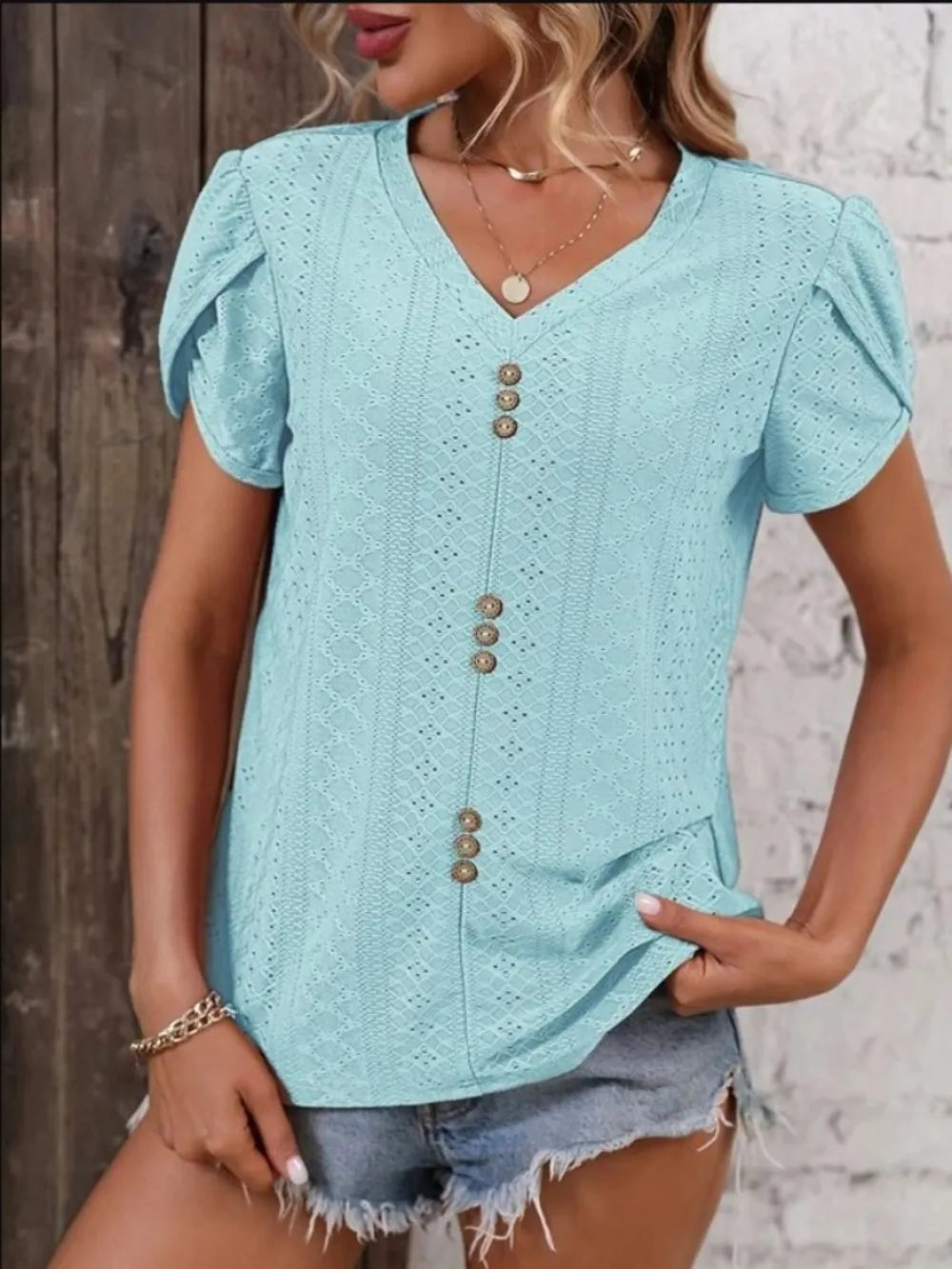 Eyelet V-Neck Petal Sleeve T-Shirt – Trendsi | ClozArt