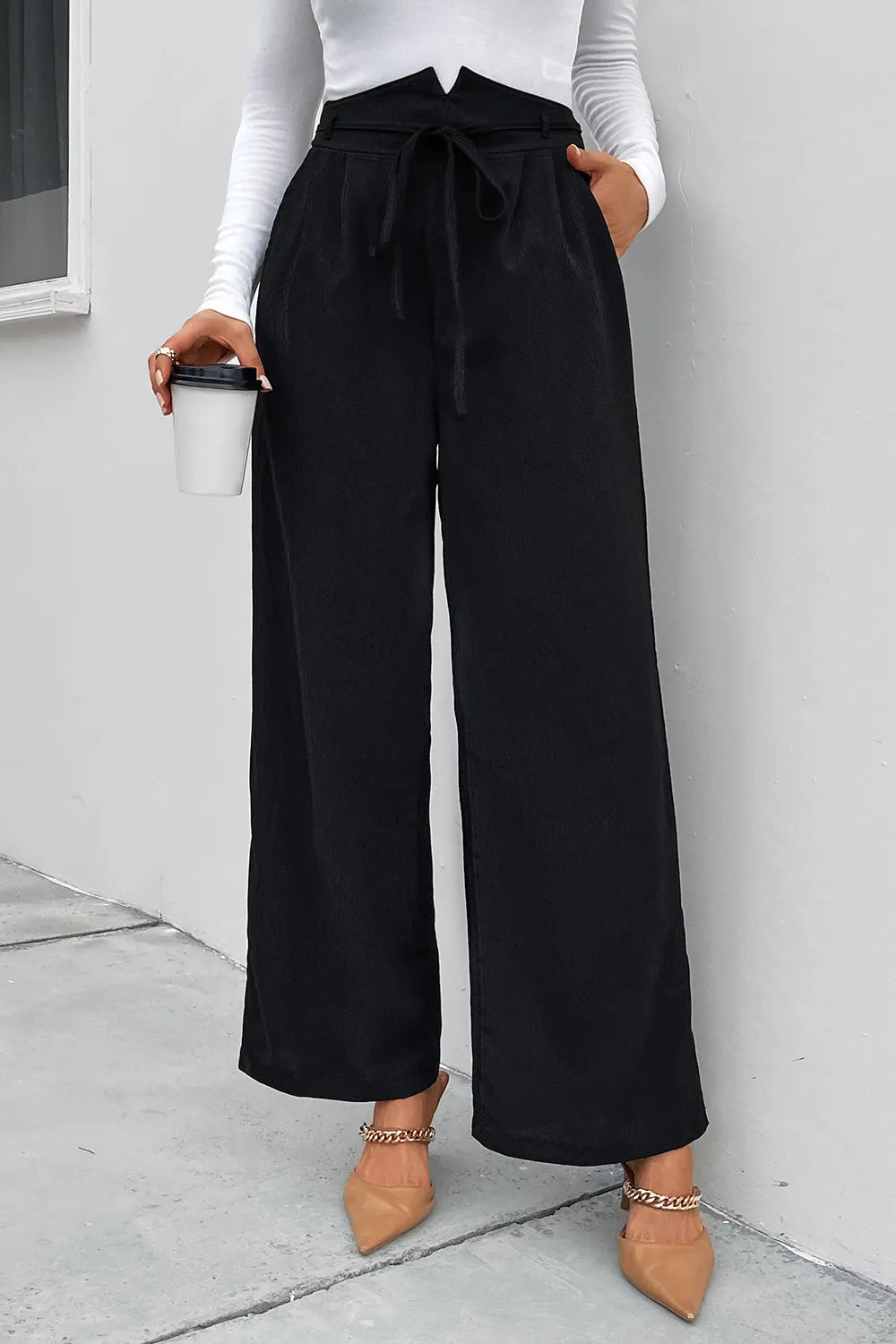 Perfee High Waist Ruched Tie Front Wide Leg Pants – Trendsi | ClozArt